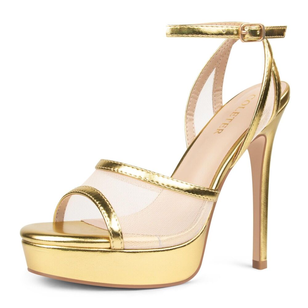 Platform Mesh High Heels 5.1 Inch Open Toe Sandals (Gold, 11)